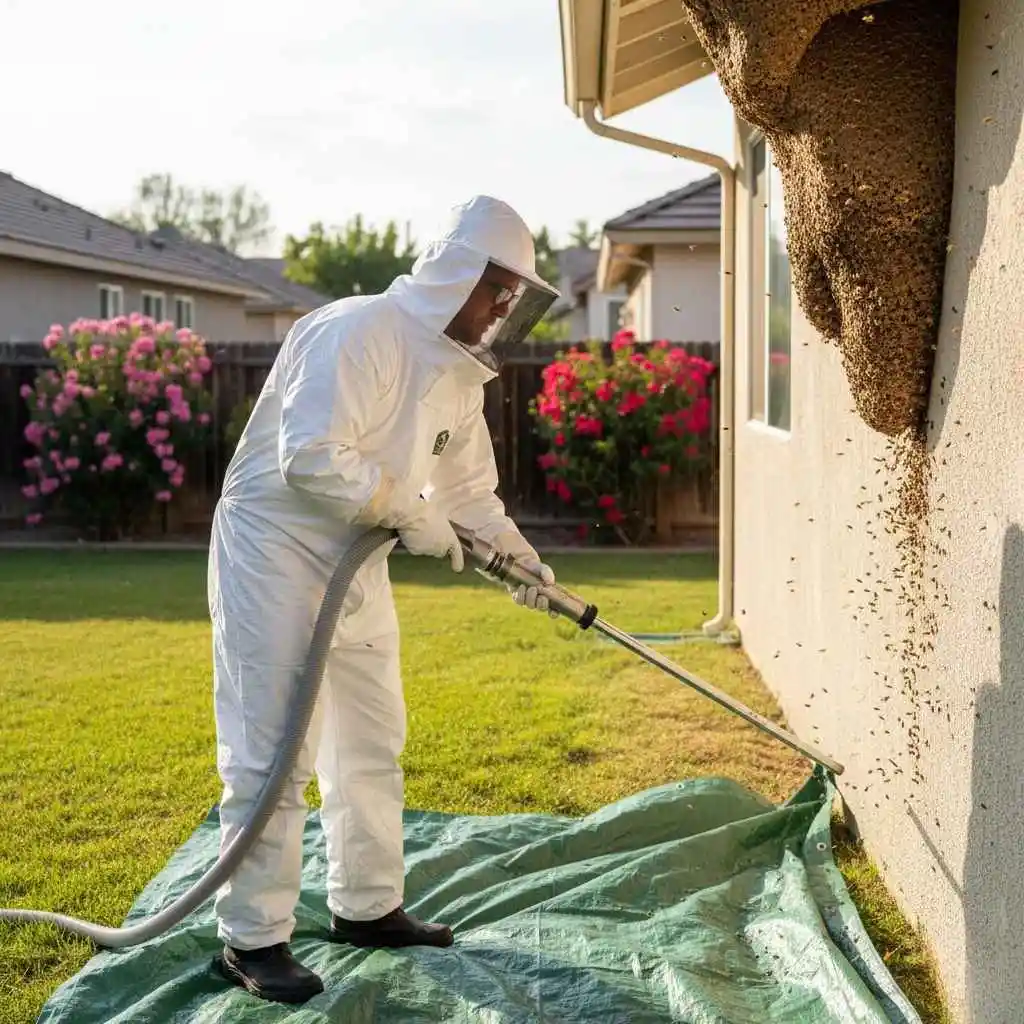 Licensed bee removal specialist wearing protective suit inspecting a hive on a home's exterior.