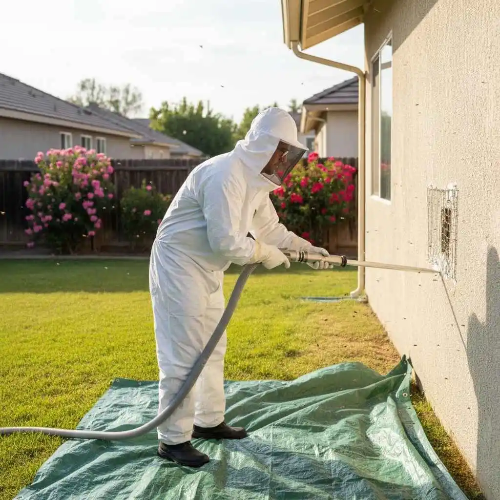 Technician sealing exterior entry points after safe nest removal.